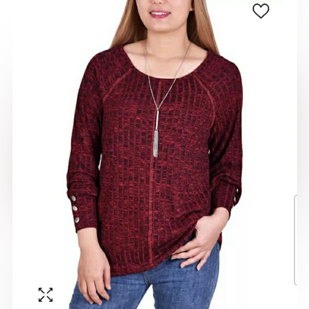 NY Collectin Womens Longsleeve Marled Burgundy Pullover Sweater Top, Size L